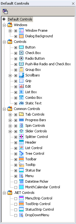 The Default Controls pane allows you to view controls available for skinning.